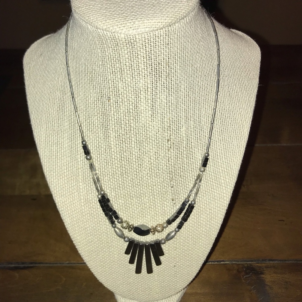 Black Stone w/Silver Beads Necklace